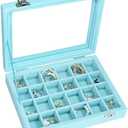 Vicoter Velvet Jewelry Box 24 Grid Jewelry Ring Display Organiser Box Tray Holder Earrings Storage Case for Girls Wife Mom Women (Light Blue)