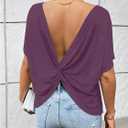 RoseSeek Women's Backless Twist Knot T Shirt Oversized Solid Short Sleeve Tees Open Back Asymmetrical Hem Casual Tops