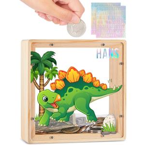 Wooden Piggy Bank for Kids Boys Girls, DIY Name Coin Bank Unicorn Dinosaur Money Bank with Letter Stickers (Green Orange)