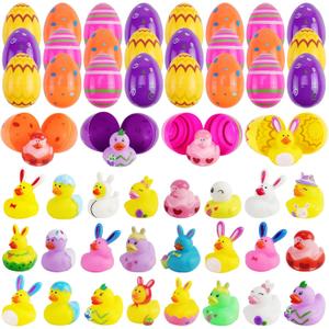 24pcs Prefilled Easter Eggs with Toys, Printed Plastic Easter Eggs with Rubber Ducks Bunny Ear Rabbit Eggshell Rubber Duckies, Easter Basket Stuffers Egg Hunt Gifts for Kids