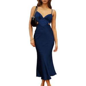 Women's Fall Satin Backless Maxi Dress Silk Cut Out V Neck Slip Tie Back Formal Cocktail Midi Dresses for Wedding Guest (Medium)