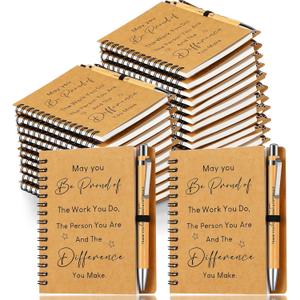 Yeaqee 30 Sets Employee Appreciation Gift Thank You Gifts 30 Pcs Inspirational Spiral Kraft Notebook and 30 Pcs Motivational Bamboo Pen Retractable Wooden Pen for Colleague Employee Nurse Teacher