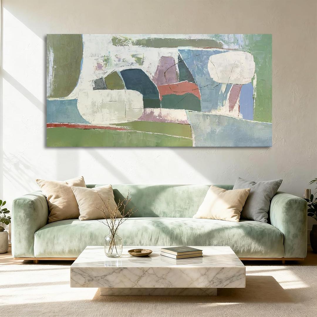 YETHEN WAL Sage Green Abstract Wall Art – 24×48 Large Minimalist Canvas Print, Neutral Olive & Blue Textured Artwork for Living Room or Bedroom Wall Decor