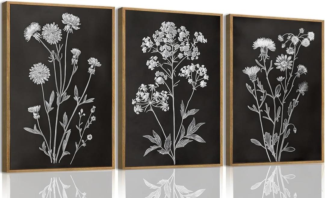 KISSFOX Framed Floral Botanical Canvas Wall Art Vintage Black Background Plant Poster Prints Set of 3 Grey and White Wildflower Painting Modern Farmhouse Decor Pictures Living Room Bathroom Bedroom (Black Floral, 16"x24" Natural Framed)