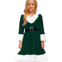 Kid Little Girls Christmas Outfit Santa Claus Velvet Lapel Long Sleeve Dress Princess Party Layered Dresses with Belt (Green, 3-4 Years)