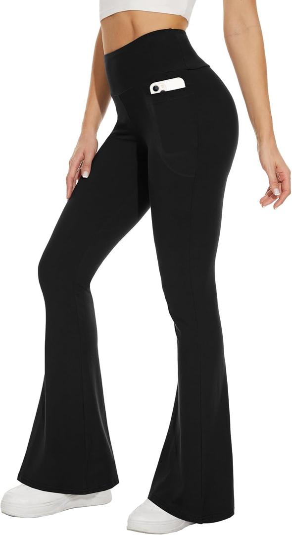 Sundwudu Black Flare Yoga Pants for Women - Soft High Waist Bootcut Leggings Tall & Long Bootleg Pants for Women (Medium)