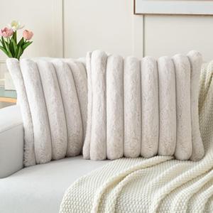 FUTEI Beige Decorative Throw Pillow Covers 24x24 Inch Set of 2, Square Soft Faux Rabbit Fur Thick Striped European Cushion Covers,Winter Home Decor for Couch Bed Living Room