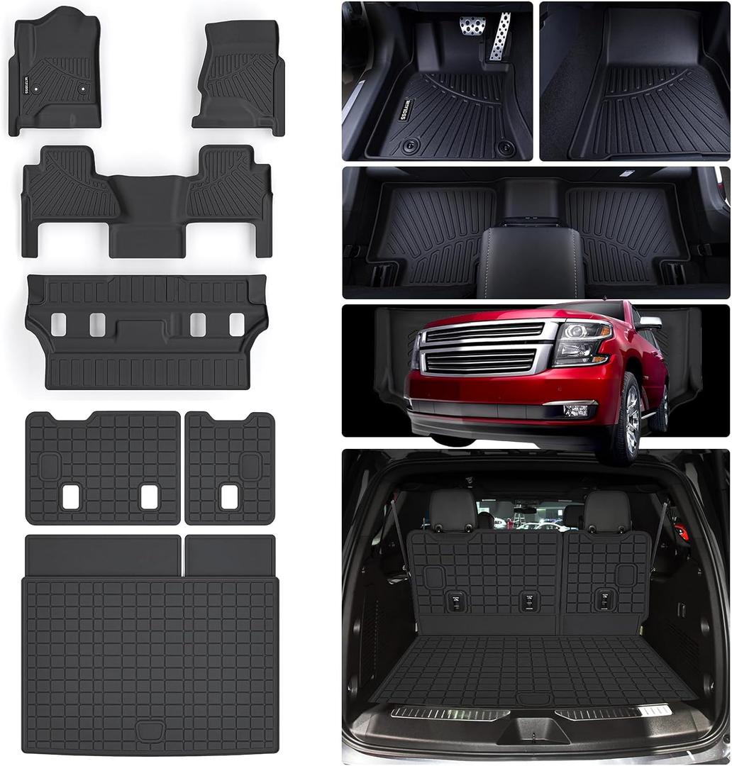Floor Mats for Chevy Chevrolet Tahoe & GMC Yukon (Not XL) 2015-2020 & Trunk Mat & Backrest Mat TPE All Weather Protection Floor Liner & Cargo Liners Accessories (2015-20 Chevy Tahoe 7 Seats)