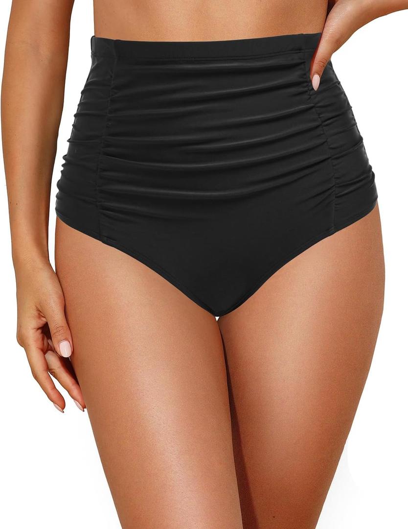 Tempt Me Women's High Waisted Swimsuit Bottom Tummy Control Ruched Bikini Bottom Vintage Swim Bottom Tankini Briefs (Black) 24W