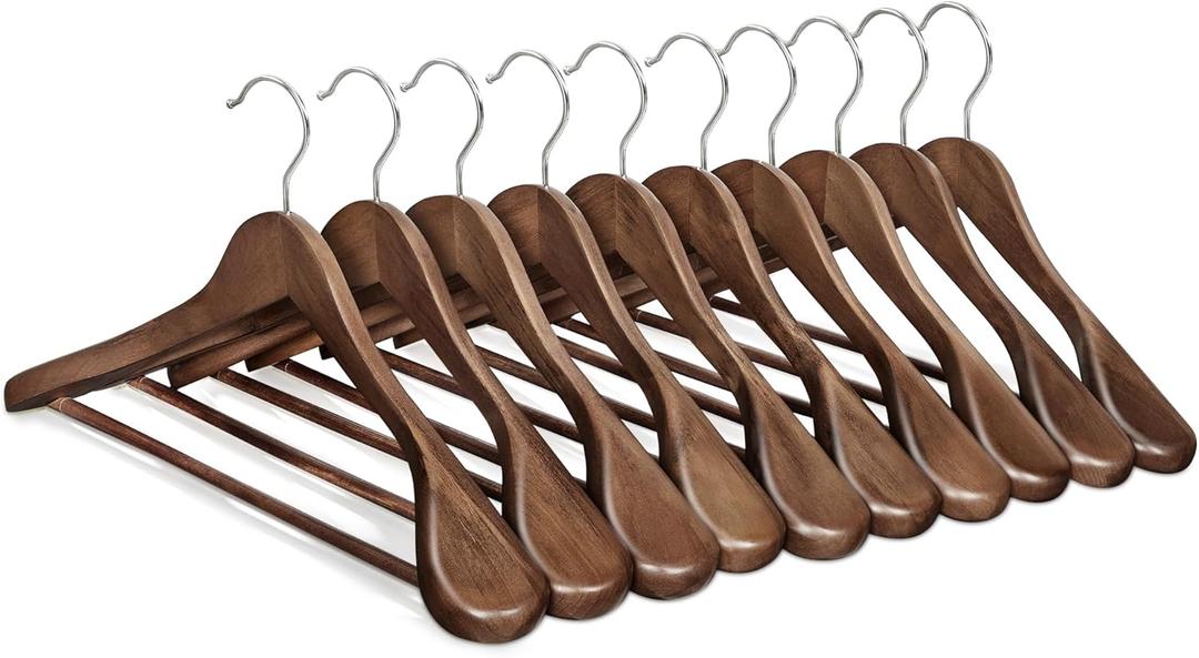 SONGMICS Extra Wide Wooden Suit Hangers, Set of 10 Clothes Hangers, Swivel Hooks, Non-Slip Bars, for Outfits, Suits, Coats, Shirts, Dresses, Walnut Color UCRW050KZ01