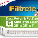 Filtrete 25x25x1 Air Filter, MERV 8, MPR 700, Dust, Pollen & Pet Dander Reduction, 3-Month AC and Furnace Filter, Easy on Air Flow, 6 HVAC Filters (Actual Size 24.81 x 24.81 x 0.81 in)