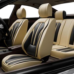 ASLONG 5PCS H7 Front and Back Car Seat Covers Auto Interior Accessories with Water Proof Nappa Leather for Cars SUV Pick-up Truck Universal Comfortable and Breathable (Full Set, Black&Beige)