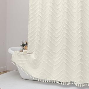 OWENIE Extra Long Beige Boho Shower Curtain, Chic Tufted Chevron Striped Textured Cloth Fabric Shower Curtains with Tassel for Bathroom, Soft Hotel Style Farmhouse, Machine Washable, 72x96