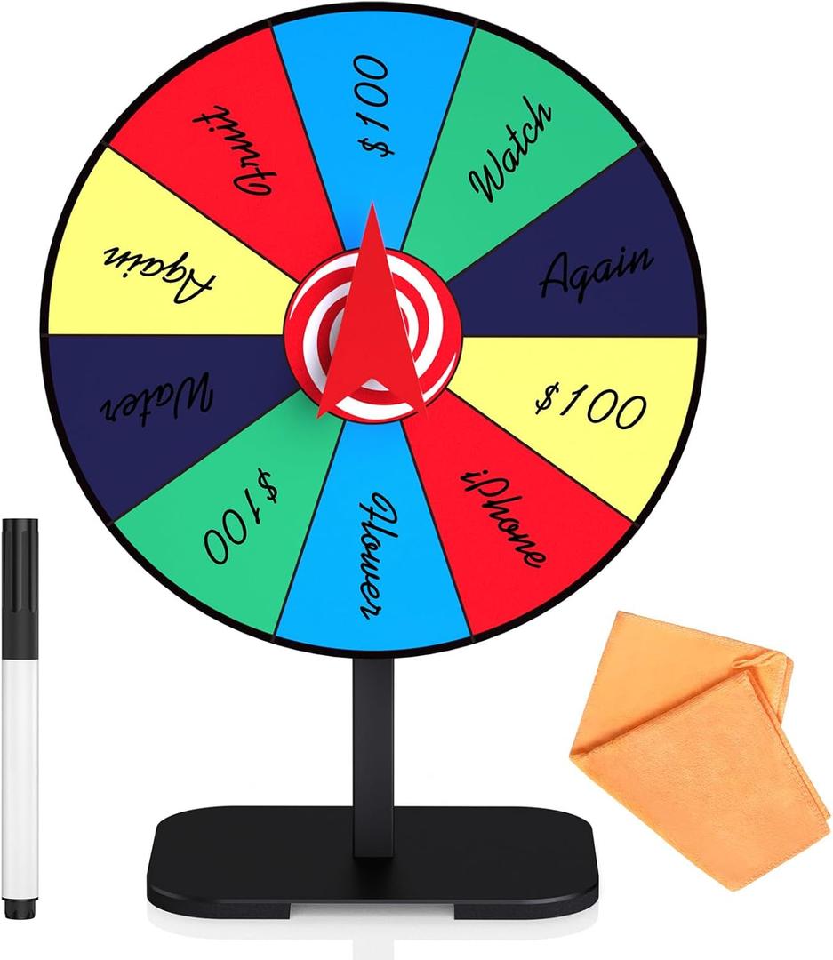 8 Inch Prize Wheel Spinner with Stand, Dry Erase Spinning Wheel for Prizes with Marker and Cloth Used for Wiping, Spin The Wheel Game for Home Parties, Trade Shows & Classroom Activities