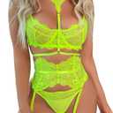 Kaei&Shi Garter Lingerie Set for Women, Sexy Floral Lace, Strappy High Waisted Hide Belly, 4 Piece with Exotic Choker Belt (S, Neon Green)