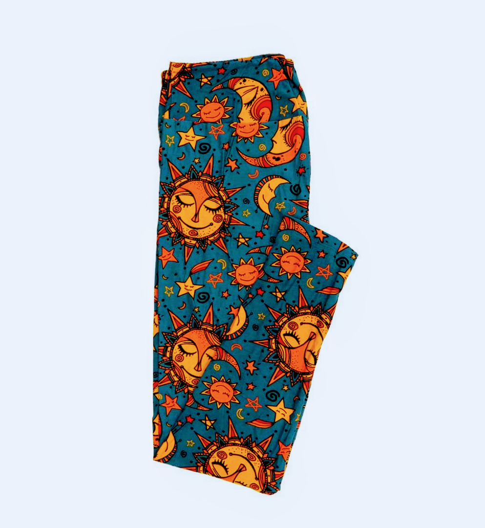 Lularoe Tall Curvy (TC fits Sizes 12-18) Sun Smiling Crescent Moon Stars Slate Blue Buttery Soft Adult Leggings 7510-B11, 2Pack