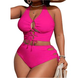 SOLY HUX Women's Plus Size Bikini Set Sexy Swimsuit Lace Up Tummy Control 2 Piece Bathing Suit (Hot Pink), Size: XL