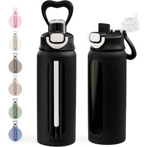 SANDJEST Glass Water Bottle with Silicone Sleeve 24oz with Lid, Motivational Time Marker, Drinking Hydration Glass Bottles for Men Women, Gym Travel Sports (Black)