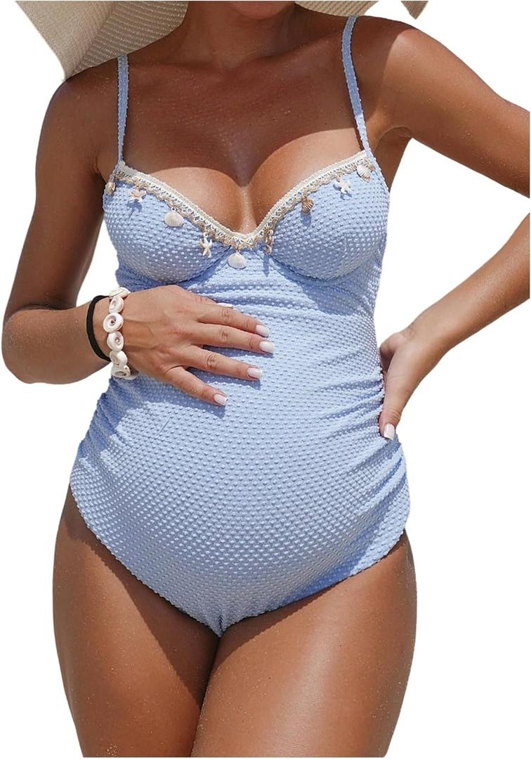 OYOANGLE Women's Maternity One Piece Swimsuits Textured Shell Decor V Neck Pregnancy Bathing Suit (Medium, Blue)