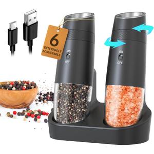CIRCLE JOY Gravity Electric Salt and Pepper Grinder Set Automatic Shakers Upgraded Pepper Mill with Rechargeable Base, External Adjustable Coarseness, LED Light, Easy Refill for Kitchen & Outdoor