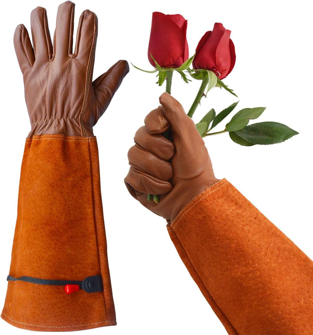 Gardening Gloves, Professional Puncture Proof Gloves for Rose Pruning & Cactus Trimming, Long Leather Garden Gloves Gifts for Women & Men- Full Grain Pigskin (Thorn Proof) (Large, Brown) (Large (Pack of 1))