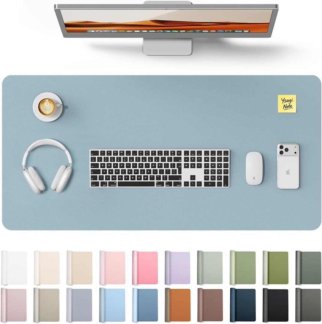 YSAGi Leather Desk Protector, Office Mat, Large Mouse Mat, Non-Slip PU Leather Blotter, Laptop Desk Pad, Waterproof Writing Pad for Office and Home (Ice Blue, 31.5" x 15.8")