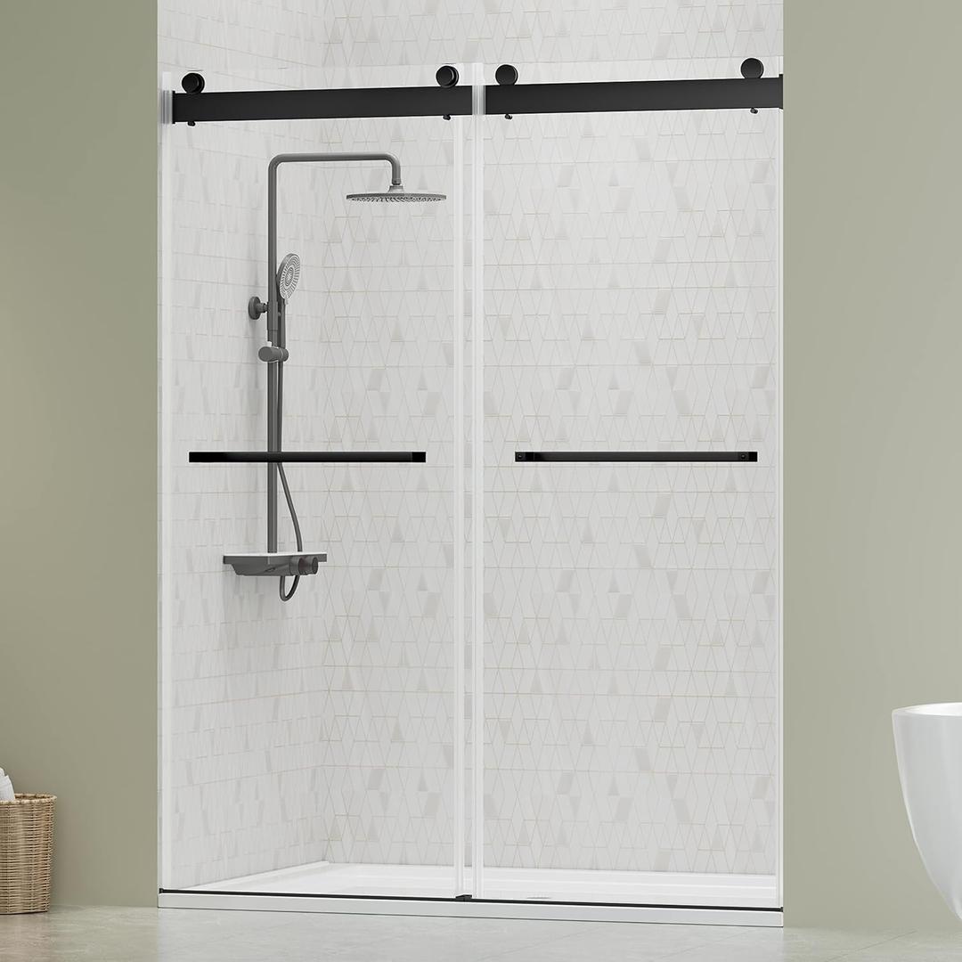 DELAVIN 56"-60"W x 75"H Frameless Shower Door, Double Sliding Shower Door, 5/16"(8mm) Clear Tempered Glass, Noiseless Shatterproof Shower Door with Square Rail, Stainless Steel, Aluminum, Matte Black