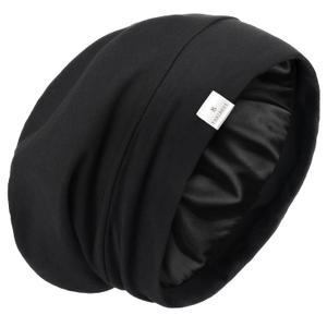 YANIBEST Slouchy Beanie Hat Satin Lined Sleep Cap Satin Bonnet Chemo Headwear Caps for Women and Men Pure Black (Medium)