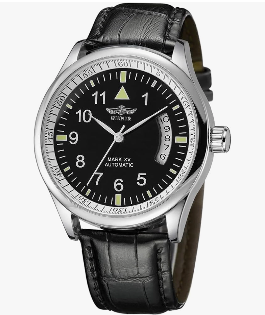 VIGOROSO Men's Mechanical Watches Day Date Black Leather Automatic Self Winding Watch for Men