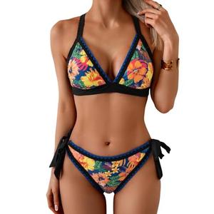 Aidonger Bikini Sets for Women Floral Two Piece Bathing Suit V Neck Shell Stitched Swimsuit Tie Side Triangle Swimwear M