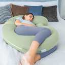 QUEEN ROSE Cooling Pregnancy Pillows - E Shaped Pregnancy Pillows for Sleeping, Detachable Body Pillow for Pregnant Side Sleeper, Cooling Silky Cotton Cover, Sage Green