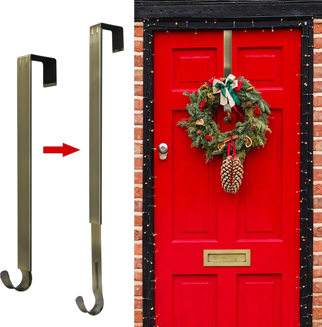 Wreath Hanger for Front Door, Adjustable Wreath Hanger from 15 to 25 Inches Wreath Hanger, 20 lbs Larger Door Upgrade Wreath Hanger Christmas Fall Wreaths Decorations Hook (Nickel)
