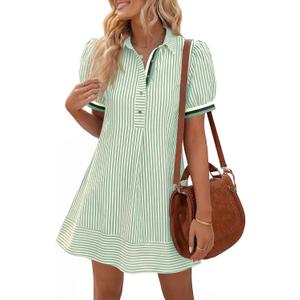 Wenrine Womens Summer Striped Mini Dresses Puff Short Sleeve Loose Fit Casual Button Collared Shirt Dress with Pockets, Light Green, Large