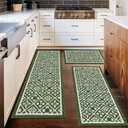 Ileading Kitchen Rugs Sets of 3 Piece Green Non Skid Kitchen Floor Mats Machine Washable Laundry Runner Rug Spring&Summer Easter Decor Low-Profile Carpet for Sink Hallway Livingroom Doormat (20"x32"+20"x48"+20"x59", H Green)