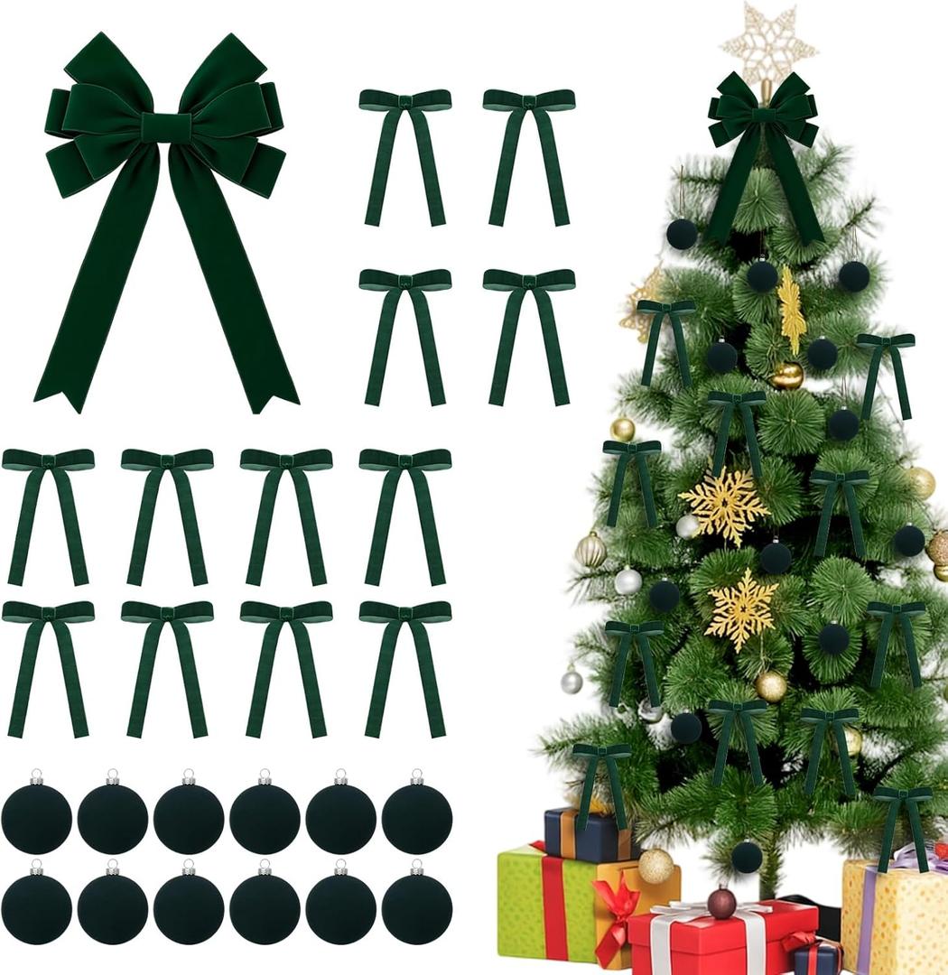 25 Pcs Dark Green Velvet Tree Topper Christmas Ornaments Include Large Christmas Bows Tree Topper 12 Xmas Velvet Balls 12 Green Bows for Xmas Holiday Door Fireplace Wall Party Decor