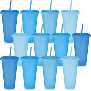Skylety 12 Pcs Blue Glitter Plastic Cups with Lids and Straws 24 oz Winter Reusable Tumbler Large Travel Mug Cup Coffee Beverage Drinks Party Supplies for Wedding Bridal Baby Shower Birthday