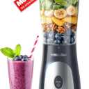 Mueller Smoothie Blender for Smoothies - Personal Blender for Shakes, Frozen Drinks, Baby Food & More, 15oz Travel Cup and Lid, Durable Stainless Steel Blades for Powerful Blending Performance (Light Grey)
