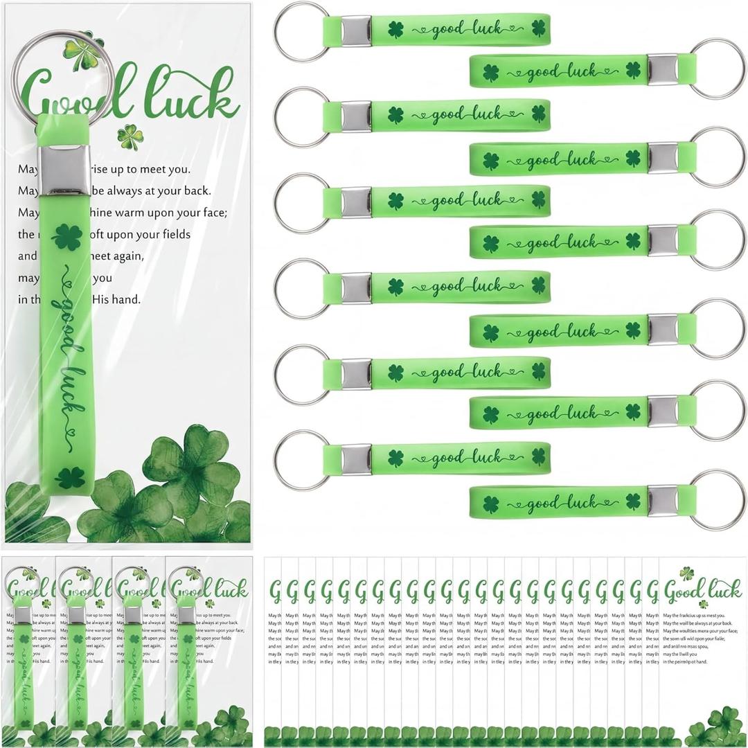 Misdary 25 Sets St. Patrick's Day Gifts Bulk Silicone Shamrock Keychains Good Luck Four Leaf Keychain with Lucky Card for Irish St Patricks Party Favors Employee Coworker