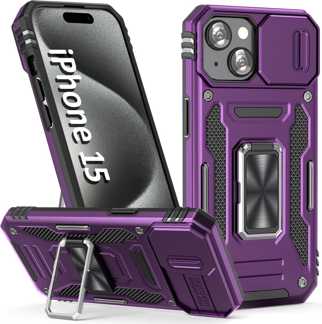Case for iPhone 15 Phone Case with Camera Lens Cover, with Ring Holder Kickstand, fit Magnetic Car Mount, for iPhone 15 (Purple)