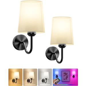 Ouyulong Battery Operated Wall Sconces Set of 2 Wireless Rechargeable Dimmable Wall Light with RGB Bulb and Remote for Bedroom, Living Room, Hallway (Black)