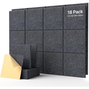18 Pack Soundproof Wall Panels Self-Adhesive, Square Sound Proof Foam Panels for Wall, High Density Acoustic Panels, Acoustic Panels for Home Office, Recording Studio 12" X 12" X 0.4" Dark Gray