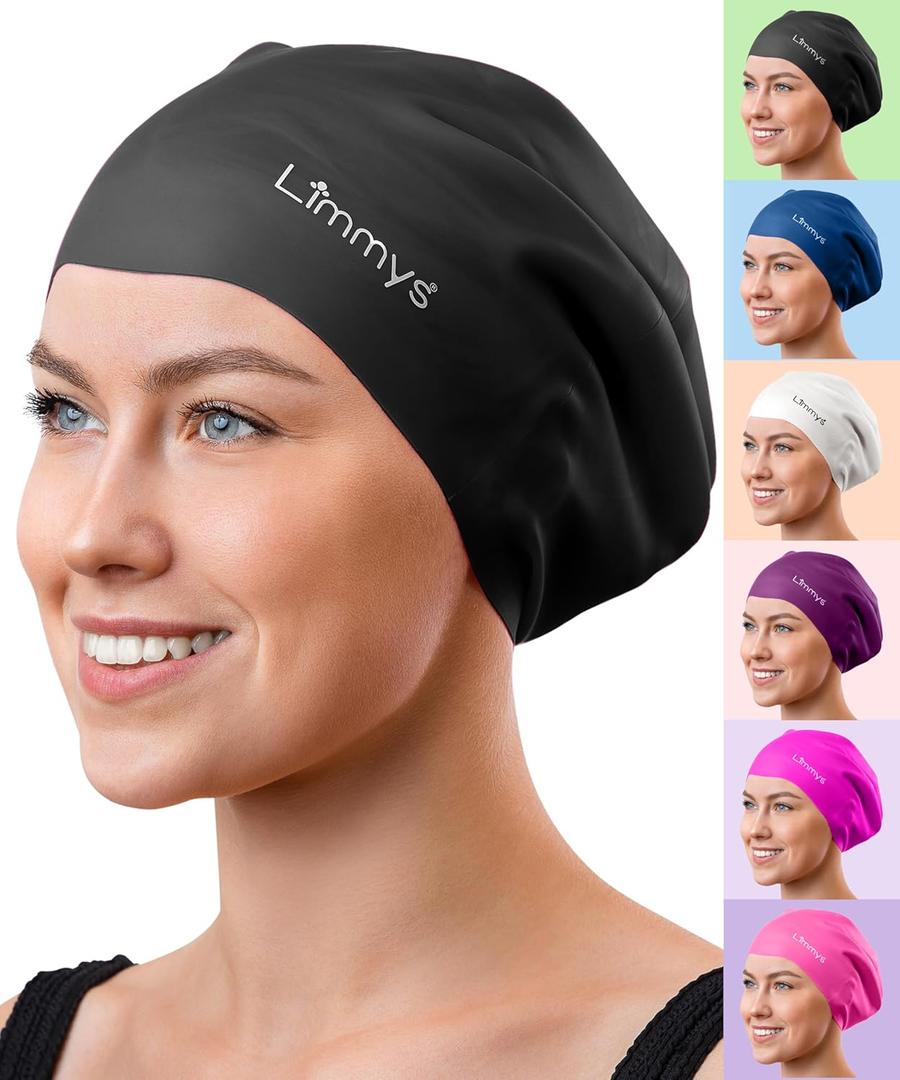 Limmys Long Hair Swim Cap for Women & Men  Extra Space Stretch Latex-Free Silicone Swimming Cap for Thick, Curly & Long Hair  Comfortable No-Headache Fit, Non-Slip, Chlorine-Resistant, Easy On/Off (Medium, Black)