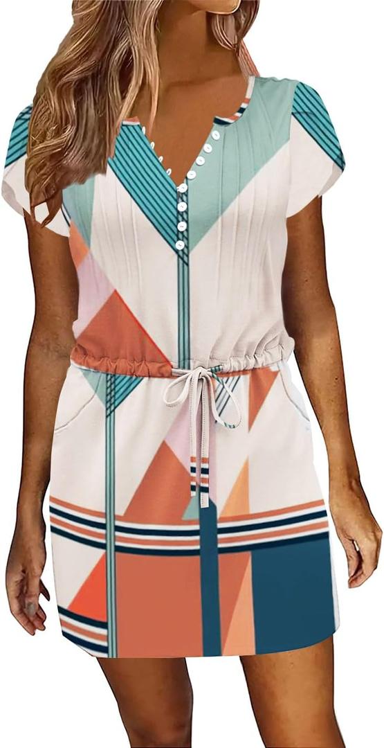 Womens Summer Casual Dresses Short Sleeve Striped Dress Boho Beach Vacation Tie Drawstring Waist Sun Dresses with Pockets (Medium)