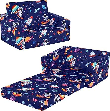 Foldable Kids Sofa,2-in-1 Flip Out Kids Couch, Convertible Sofa to Lounger for Boys Girls, Comfy Toddler Couch for Bedroom Nursery, Astronaut