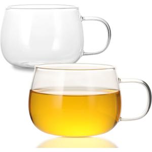Glass Tea Cups Set of 2, Clear Borosilicate Glass Teacups with Handle for Tealover, Dishwasher & Microwave Safe Large Coffee Mugs for Espresso Cappuccino Latte Juice, 12OZ/360ML