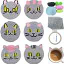 57lilina Punch Needle Coaster Kit for Adults Beginners Kids, 6 Set Complete Animal Cat Punch Needle Stitching Embroidery Art Kit, Step-by-Step Guide Make Punch Needling Drink Coasters for Starter