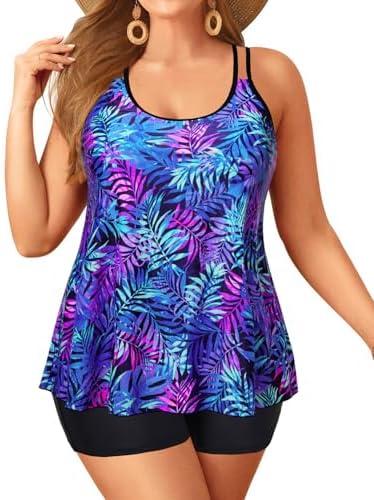 Plus Size Tankini with Shorts - Women Two Piece Swimsuits Bathing Suit Scoop Neck Flowy Swimwear 2025,18 W Plus Size Tankini with Shorts - Women Two Piece Swimsuits Bathing Suit Scoop Neck Flowy Swimwear 2025,18 W