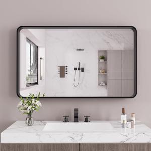 Black Bathroom Mirror 60X40 Inch, Black Metal Framed Mirror for Wall, Rounded Rectangle Matte Bathroom Vanity Mirror with Tempered Glass, Anti-Rust, Horizontal/Vertical