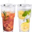 2PCS 20oz Glass Cups with Lids and Straws, Iced Coffee Cups with Lids, Stylish Ribbed Thick Drinking Glasses Tumbler for Juice, Smoothies, Cold Beverages, Cute Cup Gifts with Clean Brush