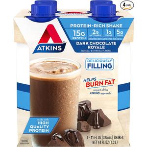 Atkins Dark Chocolate Royale Protein-Rich Shake. Rich and Creamy with Protein. Keto-Friendly and Gluten Free. (4 Shakes), 11 Fl Oz
, Best By 09/16/2026